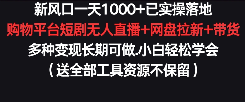 [第2885讲]新风口一天1000+已实操！短剧无人直播+网盘拉新+带货，多种变现