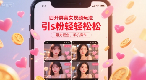 【第3430讲】暴力引流s粉，四开屏美女视频玩法